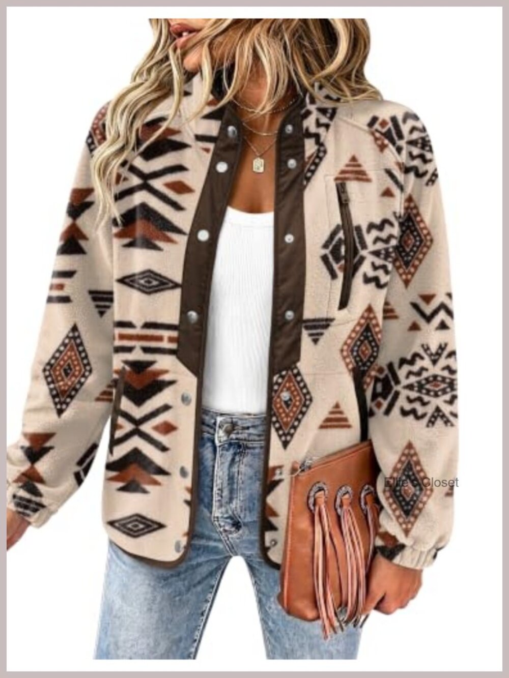 Zeagoo Women Fleece Jacket Western Aztec Print Snap Button Down